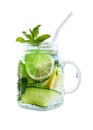 Cold fresh summer drink with ice in glass with straw. Tasty lemonade with lemon, lime, cucumber and mint isolated on white Royalty Free Stock Photo