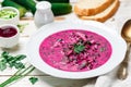 Cold fresh traditional vegetable summer soup made of beetroot beet Royalty Free Stock Photo