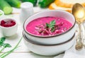 Cold fresh traditional vegetable summer soup made of beetroot beet Royalty Free Stock Photo