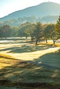 cold frosty early morning on golf course in the mountains Royalty Free Stock Photo