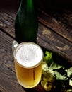 Cold frothy beer in a glass bottle and hops on a dark wooden background Royalty Free Stock Photo