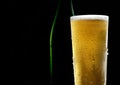 The cold frothy beer in a glass and a green bottle on a dark background Royalty Free Stock Photo