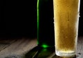 He cold frothy beer in a glass and a green bottle on a dark wooden background Royalty Free Stock Photo