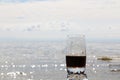 Cold frothy drink in the heat on the beach