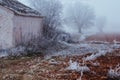 Frozen landscape with old house, vegetation, frost and fog