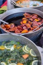 Cold fruit drinks on the outdoor village fair