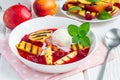 Cold fruit soup with raspberry, grilled nectarines and ice cream Royalty Free Stock Photo