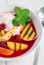 Cold fruit soup with raspberry, grilled nectarines and ice cream Royalty Free Stock Photo