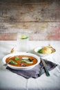 Cold gazpacho tomato soup with cucumbers and fried fennel Royalty Free Stock Photo