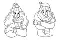 cold girl and man in knitted hat and wrapped in scarf freezing wearing and shivering. Outline vector illustration. hand