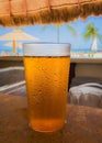 Cold glass of beer on the beach in Cancun, Mexico. Royalty Free Stock Photo