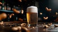 cold glass of beer with a frothy head, placed on a wooden pub table Royalty Free Stock Photo