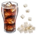 Cold glass of cola drink with white sugar cubes isolated on white background Royalty Free Stock Photo