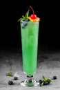 Cold green cocktail with blueberries, orange and ice in tall glass on dark background.