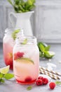 Cold green iced tea with lime and raspberry