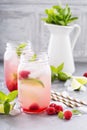 Cold green iced tea with lime and raspberry