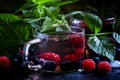 Cold green tea with forest berries and leaves, selective focus Royalty Free Stock Photo