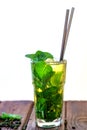 Cold green tea with mint and lemon in a glass with ice Royalty Free Stock Photo