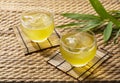 Cold green tea placed on a straw rancho mat Royalty Free Stock Photo