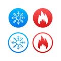 Cold and Heat Icons Set, Vector Illustration of Snowflake and Fire Symbols in Blue and Red, Climate and Temperature