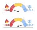 Cold and hot temperature sensor readings. Speedometer, radial gauge scale from blue to red with arrow hand pointer