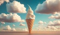 Cold ice cream dessert on a blue sky background with clouds. Fabulous illustration in the clouds. Free copy space.