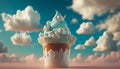 Cold ice cream dessert on a blue sky background with clouds. Fabulous illustration in the clouds.