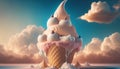 Cold ice cream dessert on a blue sky background with clouds. Fabulous illustration in the clouds. Free copy space.