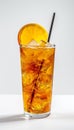 Cold ice tea with lemon slices and ice cubes on white background. AI generated. Royalty Free Stock Photo