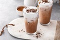 Cold or iced chocolate drink with milk foam, refreshing drink