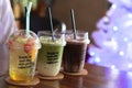 Cold iced Chocolate, Green Tea and Peach Tea Royalty Free Stock Photo