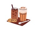 Cold iced coffee served with cookies. Refreshing summer beverages with caffeine and milk. Espresso tonic with straw