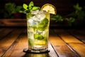 Cold Iced Mojito, Lemon Water Drink, Mint Lemonade, Lemon Cocktail on Wood Rustic Background Closeup Royalty Free Stock Photo