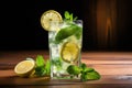 Cold Iced Mojito, Lemon Water Drink, Mint Lemonade, Lemon Cocktail on Wood Rustic Background Closeup Royalty Free Stock Photo