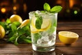 Cold Iced Mojito, Lemon Water Drink, Mint Lemonade, Lemon Cocktail on Wood Rustic Background Closeup Royalty Free Stock Photo