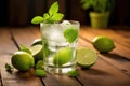 Cold Iced Mojito, Lemon Water Drink, Mint Lemonade, Lemon Cocktail on Wood Rustic Background Closeup Royalty Free Stock Photo