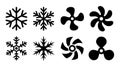 Cold icon, snowflake and cooling fan vector symbols