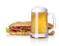 Cold lager beer glass and long sandwich Royalty Free Stock Photo