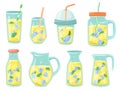 Cold lemonade. Fresh drinks, homemade lemonade in bottle, jug and glass with lemon slices and ice cubes vector illustration set