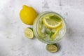 Cold lemonade with ice. Tasty lemonade with lemon, lime and mint. Summer refreshing drink. Royalty Free Stock Photo