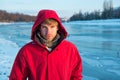 It is so cold. love winter nature. man in red parka. winter male fashion. warm clothes for frost. chill weather forecast Royalty Free Stock Photo