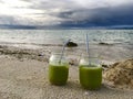 Cold Matcha Latte In the beach