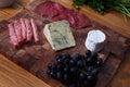 Cold meat, cheeses, grapes and fresh herbs Royalty Free Stock Photo