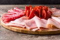 Cold meat on cutting board on wooden table. Ham, salami, sausage mortadella and turkey Royalty Free Stock Photo