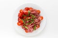Cold meat plate with ham, proscuitto and salami served with cherry tomatoes top view on a white background. Spanish meat Royalty Free Stock Photo
