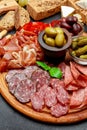 Cold meat plate with salami, chorizo sausage and prosciutto ham Royalty Free Stock Photo