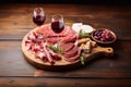 Cold meat plate and wine on wooden background