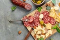 cold meats platter with Salami, sliced sausage, cheese olives. Restaurant menu, dieting, cookbook recipe top view Royalty Free Stock Photo