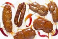 Cold meats. various types of dry salami: sopressata, chorizo, nd Royalty Free Stock Photo