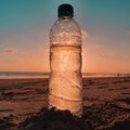 Cold mineral water bottle in the coastduring sunset at Kuta Beach Royalty Free Stock Photo